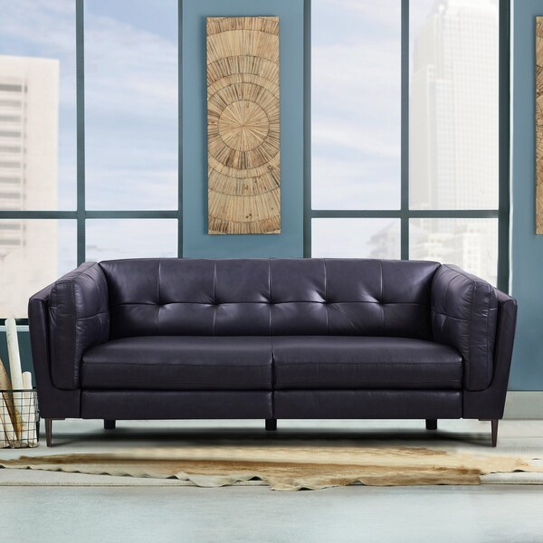 Armen Living Primrose Contemporary Sofa in Dark Metal Finish and Navy Genuine Leather - LCPR3NV