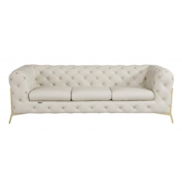 Gfancy Fixtures 93 in. Genuine Button Tufted Leather Standard Sofa, Beige - GF3102151