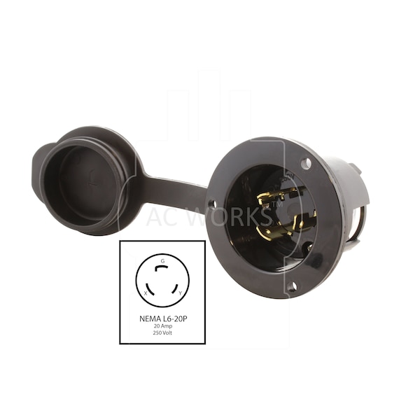 Ac Works 20A 250V L6-20P Power Input Inlet UL and C-UL Listed with Weather Cover - ASINL620P-FC