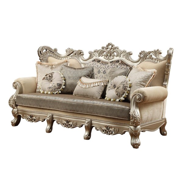 Homeroots 41 x 96 x 50 in. Upholstery Wood Leg & Trim Sofa with 7 Pillows Fabric & Champagne - 348222