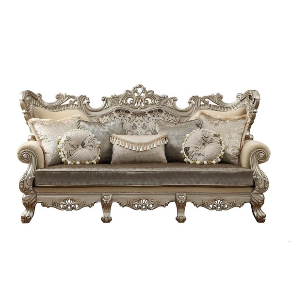 Homeroots 41 x 96 x 50 in. Upholstery Wood Leg & Trim Sofa with 7 Pillows Fabric & Champagne - 348222