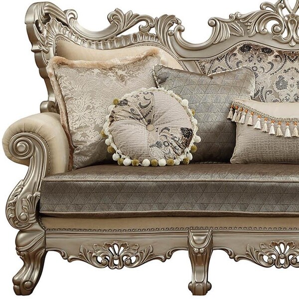 Homeroots 41 x 96 x 50 in. Upholstery Wood Leg & Trim Sofa with 7 Pillows Fabric & Champagne - 348222