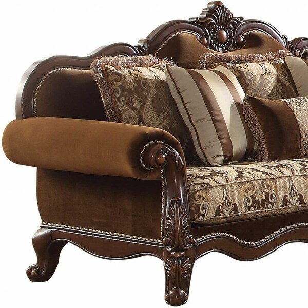Homeroots 37 x 89 x 46 in. Fabric Cherry Oak Upholstery Wood Leg & Trim Sofa with 6 Pillows - 348213