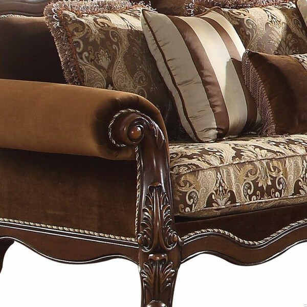 Homeroots 37 x 89 x 46 in. Fabric Cherry Oak Upholstery Wood Leg & Trim Sofa with 6 Pillows - 348213