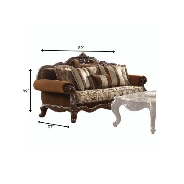 Homeroots 37 x 89 x 46 in. Fabric Cherry Oak Upholstery Wood Leg & Trim Sofa with 6 Pillows - 348213
