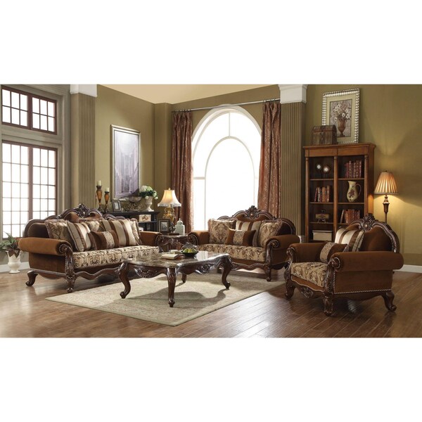 Homeroots 37 x 89 x 46 in. Fabric Cherry Oak Upholstery Wood Leg & Trim Sofa with 6 Pillows - 348213