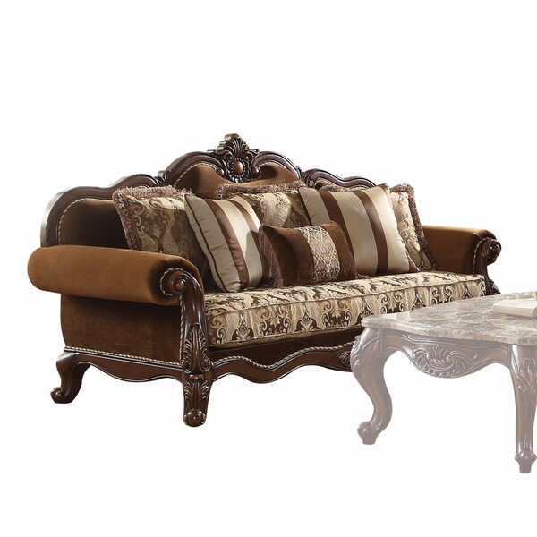 Homeroots 37 x 89 x 46 in. Fabric Cherry Oak Upholstery Wood Leg & Trim Sofa with 6 Pillows - 348213