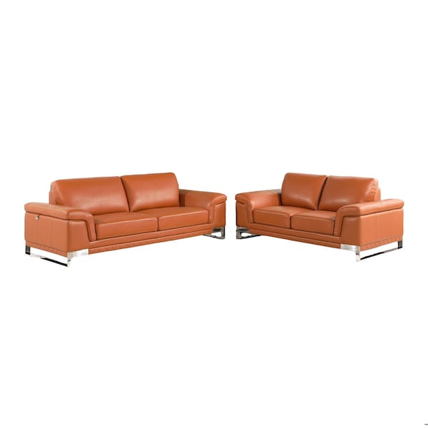 Homeroots 73 x 39 x 32 in. Modern Camel Leather Sofa & Loveseat - 343882