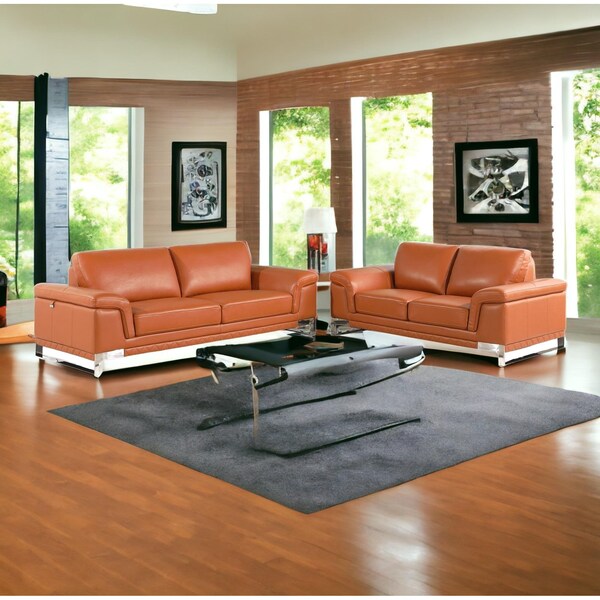 Homeroots 73 x 39 x 32 in. Modern Camel Leather Sofa & Loveseat - 343882