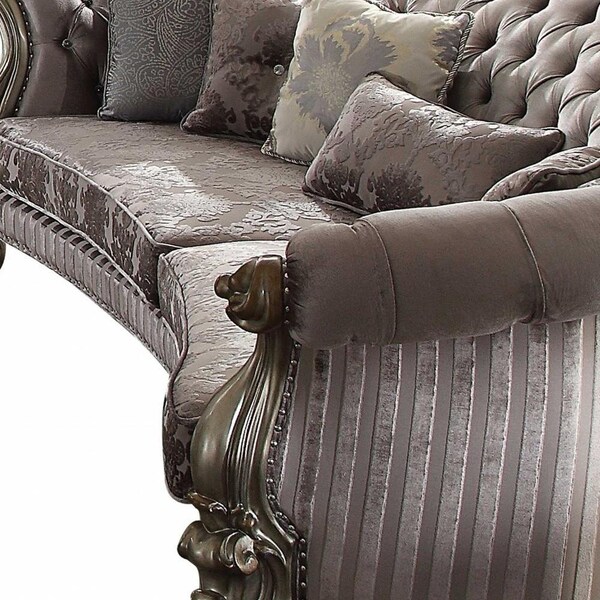 Homeroots 55 x 109 x 39 in. Velvet Antique Platinum Upholstery Poly Resin Sofa with 5 Pillows - 348646