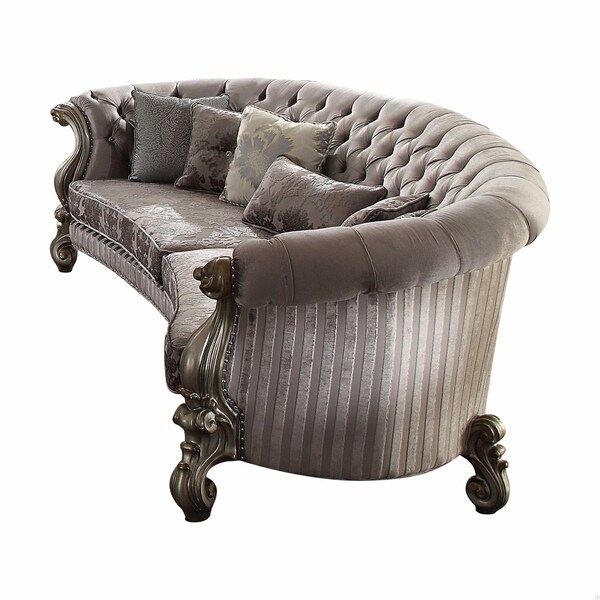Homeroots 55 x 109 x 39 in. Velvet Antique Platinum Upholstery Poly Resin Sofa with 5 Pillows - 348646