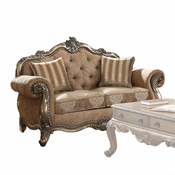 Homeroots 35 x 69 x 42 in. Fabric Vintage Oak Upholstery Poly Resin Loveseat with 2 Pillows - 347290