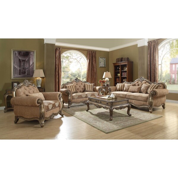 Homeroots 35 x 69 x 42 in. Fabric Vintage Oak Upholstery Poly Resin Loveseat with 2 Pillows - 347290