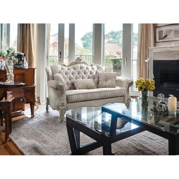 Homeroots 69 x 43 x 45 in. Ivory Velvet Loveseat with 3 Pillows - 374220