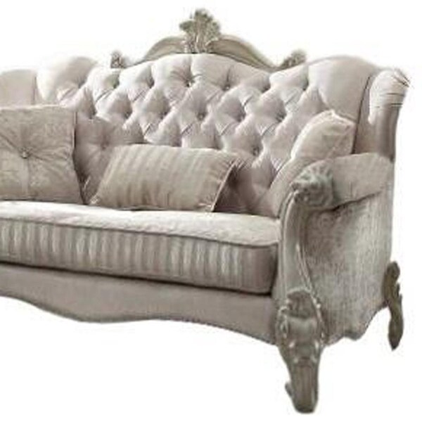 Homeroots 69 x 43 x 45 in. Ivory Velvet Loveseat with 3 Pillows - 374220
