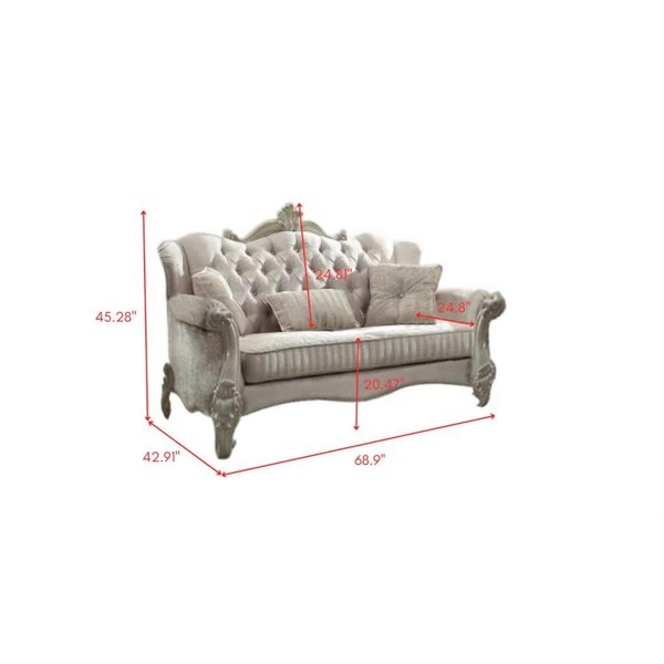Homeroots 69 x 43 x 45 in. Ivory Velvet Loveseat with 3 Pillows - 374220