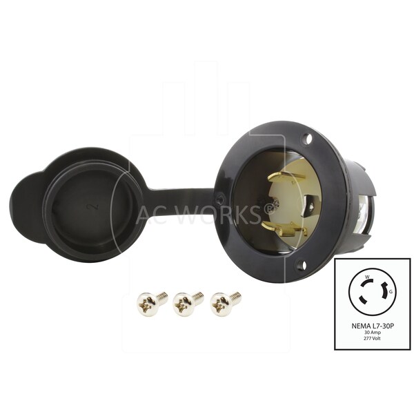 Ac Works 30A 277V L7-30P Power Input Inlet UL and C-UL Listed with Weather Cover - ASINL730P-FC