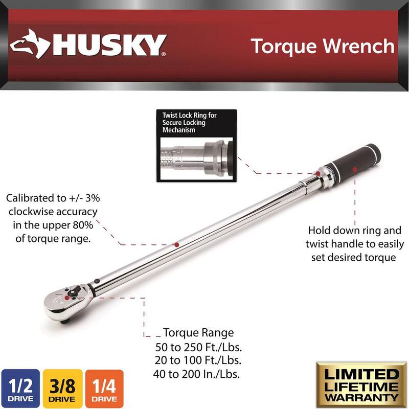 Husky 1/4 in., 3/8 in. and 1/2 in. Drive Torque Wrench Set (3-Piece) - H234DTWA-03CB