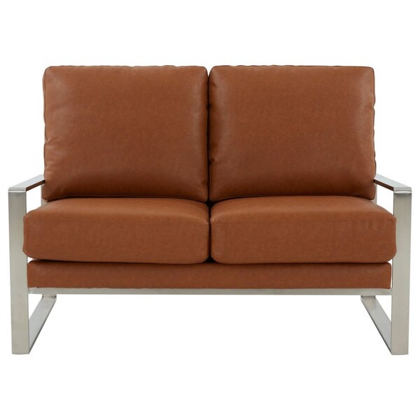 Leisuremod Jefferson Contemporary Faux Leather Loveseat with Silver Frame, Cognac Tan - JAS53BR-L
