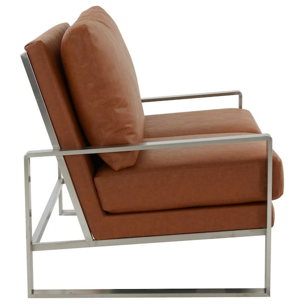 Leisuremod Jefferson Contemporary Faux Leather Loveseat with Silver Frame, Cognac Tan - JAS53BR-L