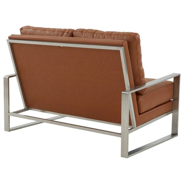 Leisuremod Jefferson Contemporary Faux Leather Loveseat with Silver Frame, Cognac Tan - JAS53BR-L