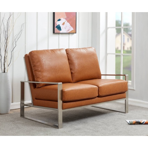 Leisuremod Jefferson Contemporary Faux Leather Loveseat with Silver Frame, Cognac Tan - JAS53BR-L