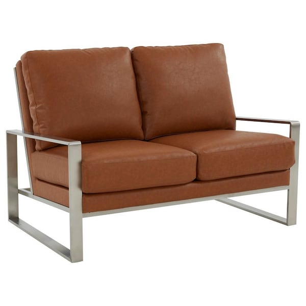Leisuremod Jefferson Contemporary Faux Leather Loveseat with Silver Frame, Cognac Tan - JAS53BR-L