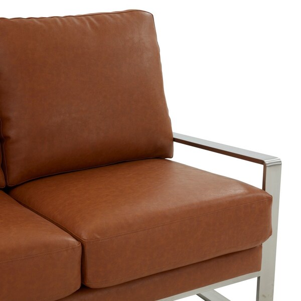Leisuremod Jefferson Contemporary Faux Leather Loveseat with Silver Frame, Cognac Tan - JAS53BR-L