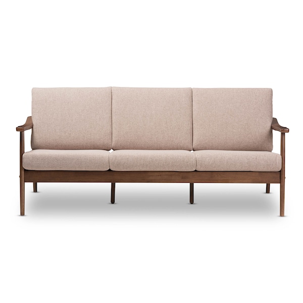 Baxton Studio Venza Walnut Wood Light Brown Upholstered 3-Seater Sofa - 140-7557