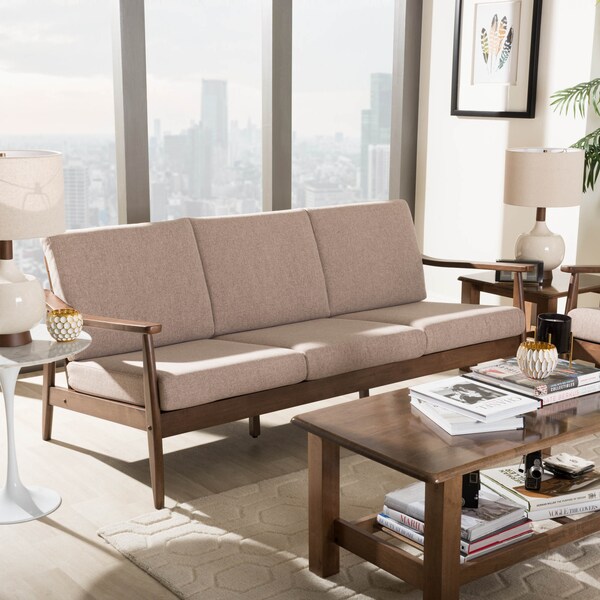 Baxton Studio Venza Walnut Wood Light Brown Upholstered 3-Seater Sofa - 140-7557