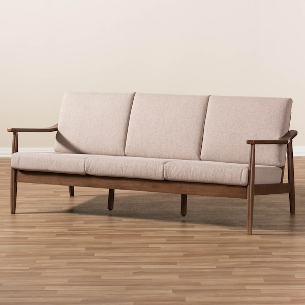 Baxton Studio Venza Walnut Wood Light Brown Upholstered 3-Seater Sofa - 140-7557