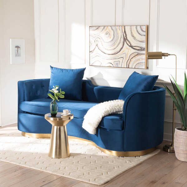 Baxton Studio Deserae Glam and Luxe Navy Blue Velvet and Brushed Gold Metal Sofa - 244-13618-ZORO