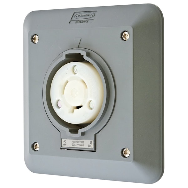 Hubbell Wiring Device-Kellems Locking Devices, Twist-Lock®, Safety Shroud, 2-Gang Surface Mount Receptacle, 20A 277V AC, 2-Pole 3-Wire Grounding, L7-20R, Screw Terminal, Gray - HBL2330SR2
