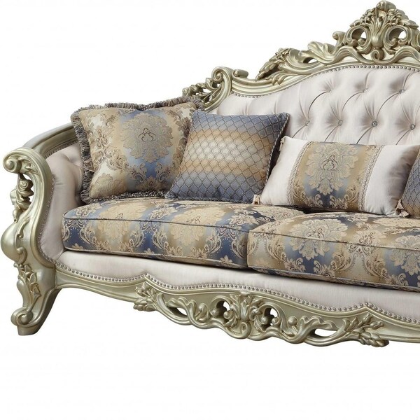 Homeroots 40 x 97 x 47 in. Fabric Antique White Upholstery Poly-Resin Sofa with 5 Pillows - 348231