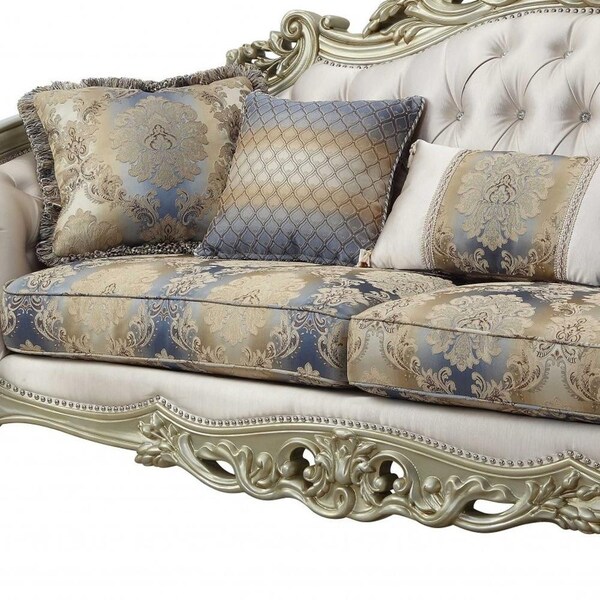 Homeroots 40 x 97 x 47 in. Fabric Antique White Upholstery Poly-Resin Sofa with 5 Pillows - 348231