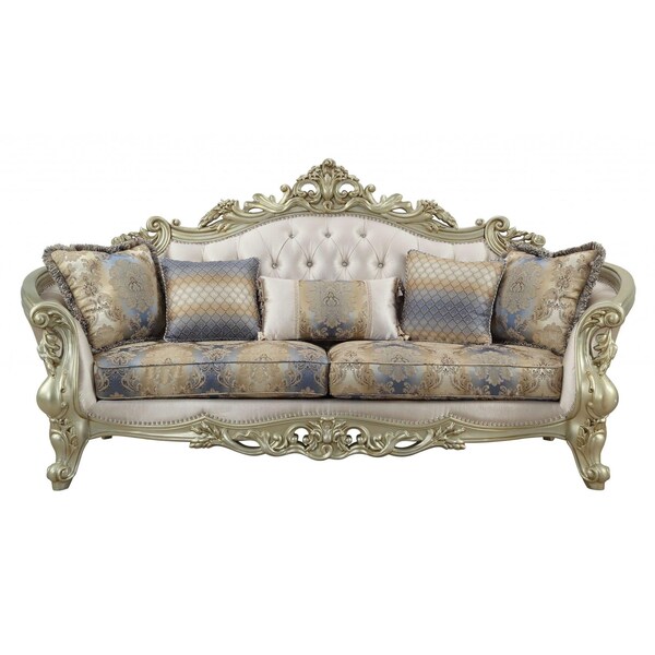 Homeroots 40 x 97 x 47 in. Fabric Antique White Upholstery Poly-Resin Sofa with 5 Pillows - 348231