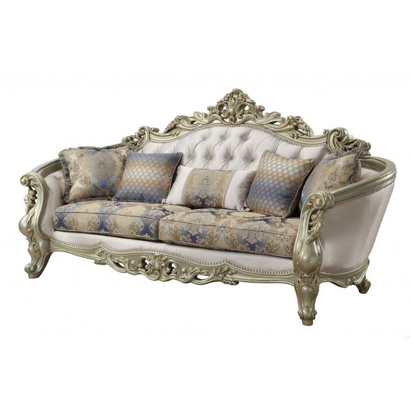 Homeroots 40 x 97 x 47 in. Fabric Antique White Upholstery Poly-Resin Sofa with 5 Pillows - 348231