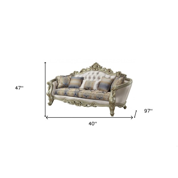 Homeroots 40 x 97 x 47 in. Fabric Antique White Upholstery Poly-Resin Sofa with 5 Pillows - 348231