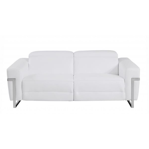 Homeroots 83 in. Italian Leather with Chrome Accents Reclining Sofa, White - 482207