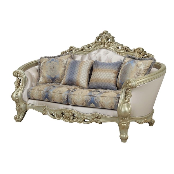 Homeroots 40 x 78 x 47 in. Fabric Antique White Upholstery Poly-Resin Loveseat with 4 Pillows - 348232