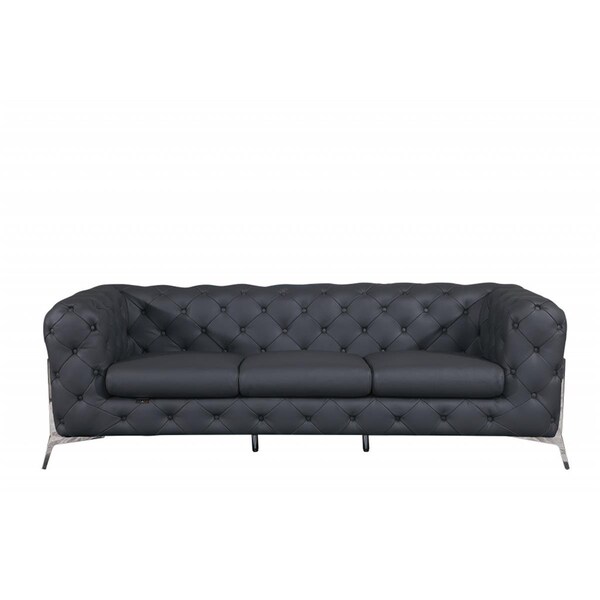 Gfancy Fixtures 93 in. Genuine Button Tufted Leather Standard Sofa, Dark Gray - GF3101675