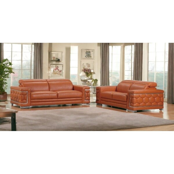 Homeroots 71 x 41 x 29 in. Modern Camel Leather Sofa & Loveseat - 343841