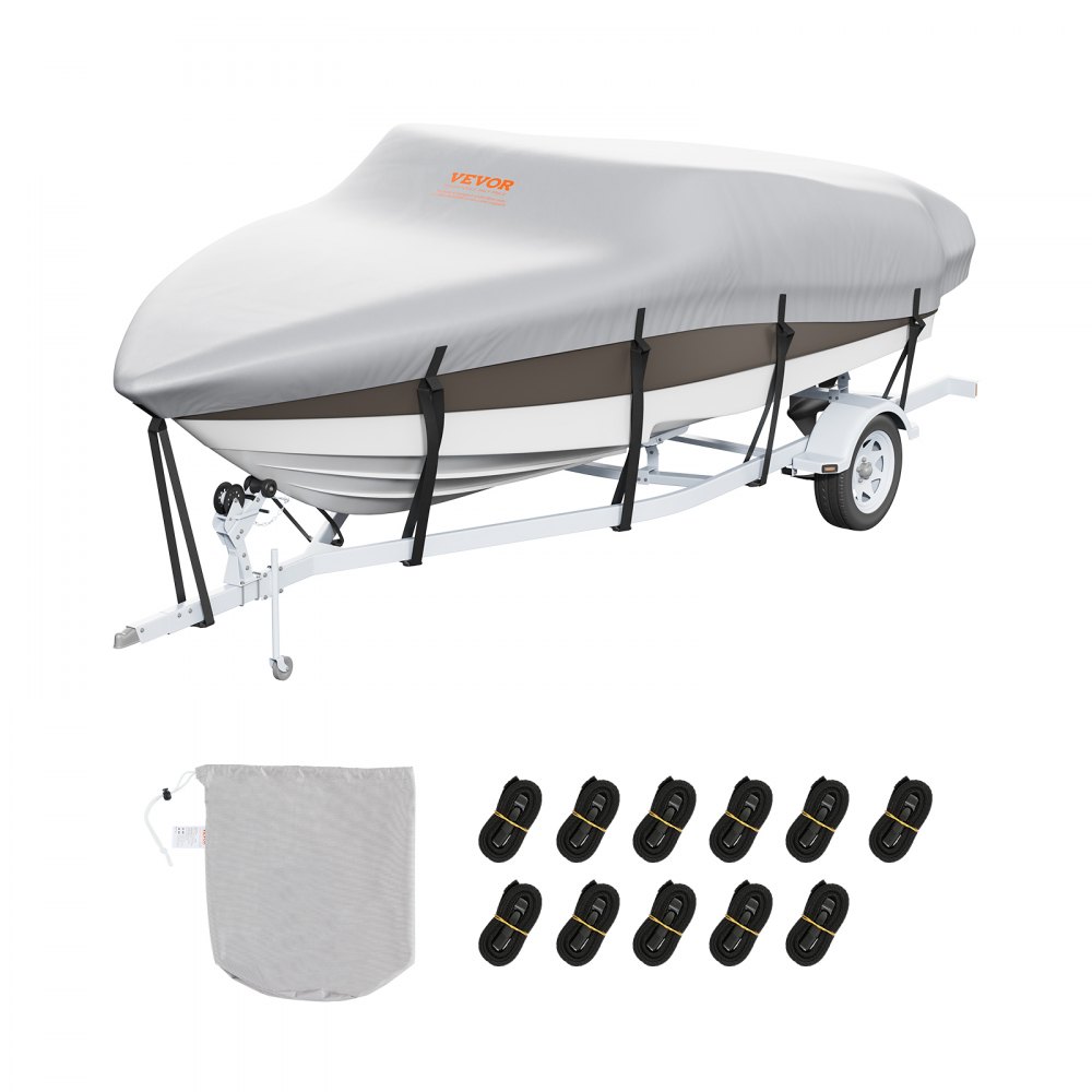 VEVOR Boat Cover, 14'-16' Trailerable Waterproof Boat Cover, 600D Marine Grade PU Oxford, with Motor Cover and Buckle Straps, for V-Hull, Tri-Hull, Fish Ski Boat, Runabout, Bass Boat, Grey - TYCZ1416FT901K7LLV0