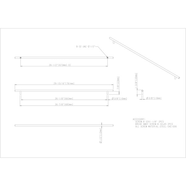 Elements By Hardware Resources 673 mm Center-to-Center Hollow Stainless Steel Naples Cabinet Bar Pull - 761SS