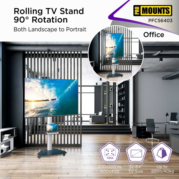 Promounts Mobile TV Cart with Landscape and Portrait Rotating Mount for TVs 32 in. - 84 in. Up to 88 lbs - PFCS6403