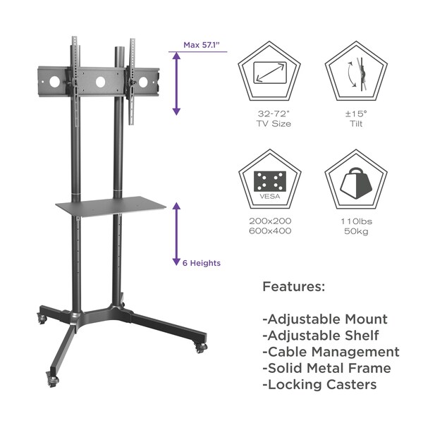 Promounts Mobile TV Cart with Tilt Mount for TVs 32 in. - 72 in. Up to 110 lbs - AFCS6402-02