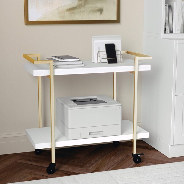 Martha Stewart Liam 2-Tier White Mobile Office Storage and Printer Cart w/Polished Brass Frame - NAN-JH-17107-WH-GLD-MS
