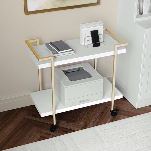 Martha Stewart Liam 2-Tier White Mobile Office Storage and Printer Cart w/Polished Brass Frame - NAN-JH-17107-WH-GLD-MS