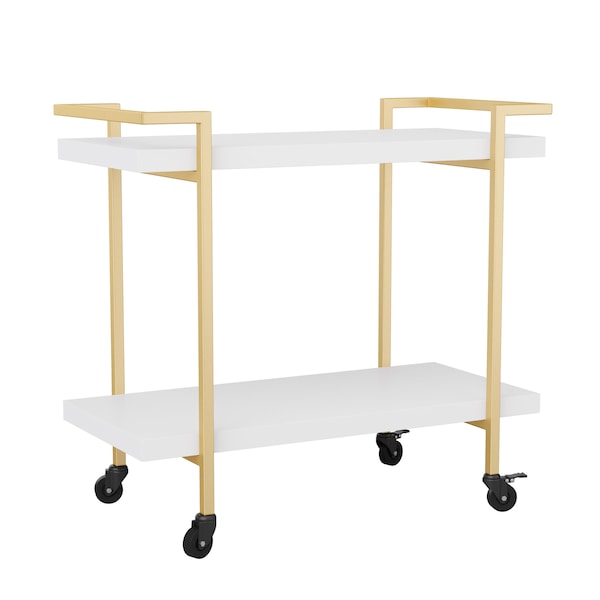 Martha Stewart Liam 2-Tier White Mobile Office Storage and Printer Cart w/Polished Brass Frame - NAN-JH-17107-WH-GLD-MS