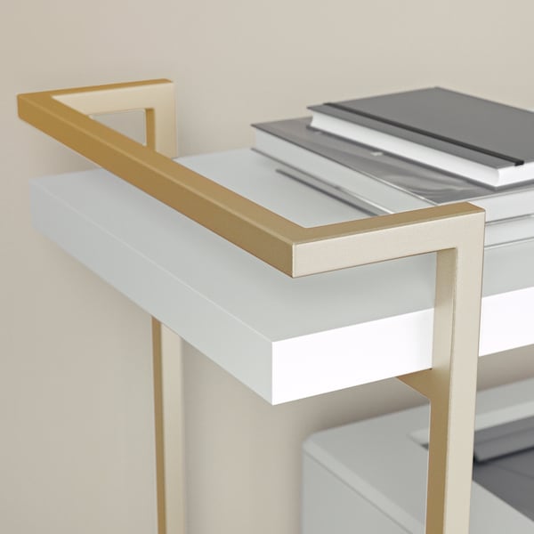 Martha Stewart Liam 2-Tier White Mobile Office Storage and Printer Cart w/Polished Brass Frame - NAN-JH-17107-WH-GLD-MS